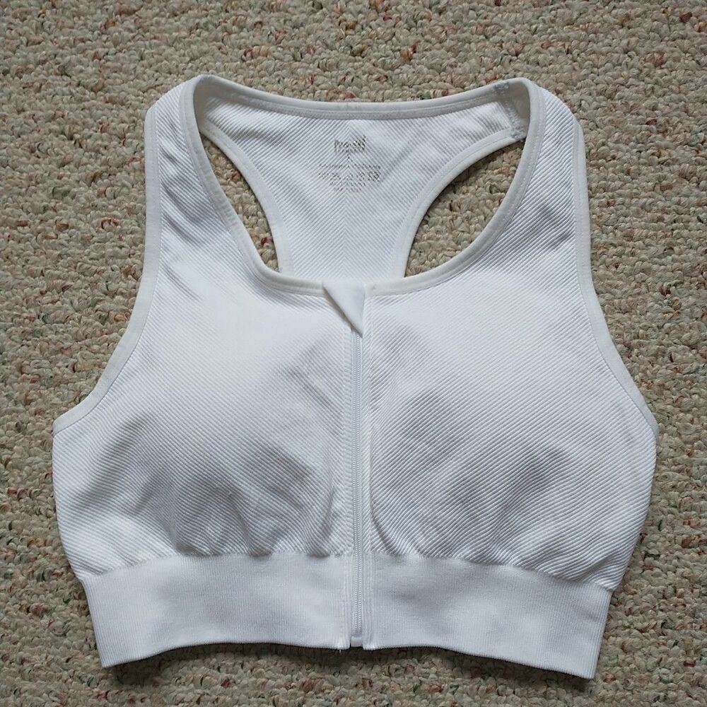 Pro-Fit Sports Bra L White Seamless Zip Front Racerback Removable Pads